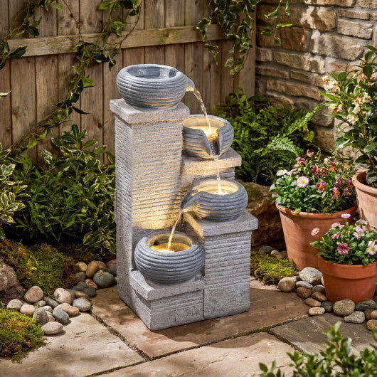 4-Tier Outdoor Water Fountain Cascading Bowl Waterfall Fountain with LED Lights W2B