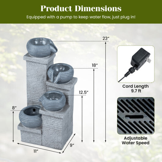 4-Tier Outdoor Water Fountain Cascading Bowl Waterfall Fountain with LED Lights W2B