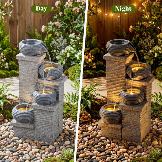 4-Tier Outdoor Water Fountain Cascading Bowl Waterfall Fountain with LED Lights W2B