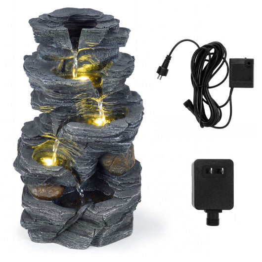 Outdoor Water Fountain with LED Lights and Pump 5-Tier Tabletop Cascading Rock Waterfall Feature W2B