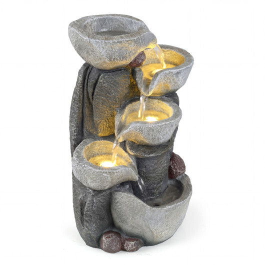 5-Tier Outdoor Water Fountain with LED Lights 17.5 Inch H for Patio Deck W2B