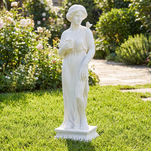 31.5 Inch Outdoor Greek Goddess Statue with Antique Finish and Column Base-White W2B