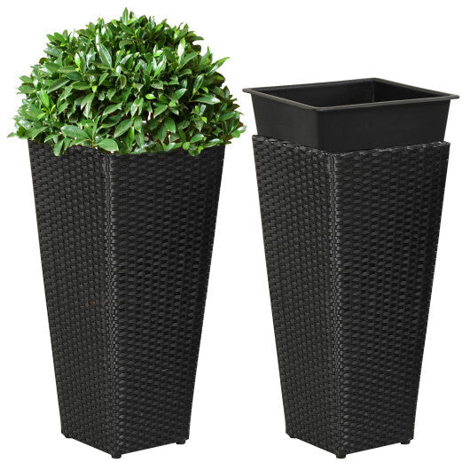 Set of 2 Rattan Tall Plant Pots with Detachable Plastic Liners-Black W2B