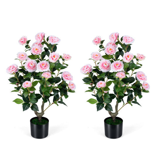 2-Pack Artificial Camellia Tree Faux Flower Plant in Cement-Filled Pot-White W2B