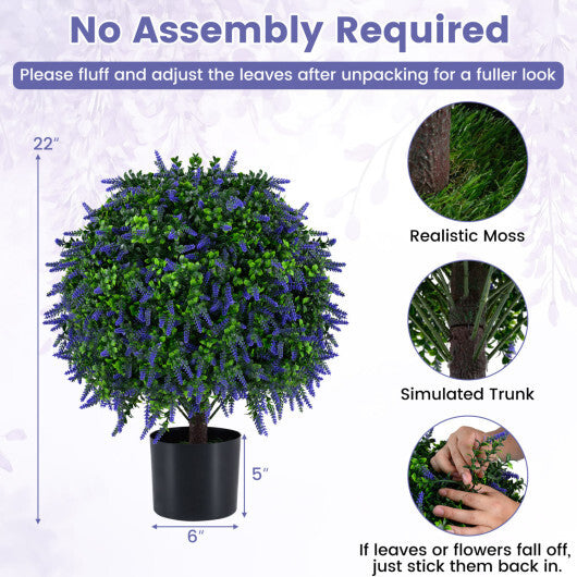 Set of 2 Artificial Lavender Topiary Ball Trees 22 inch Faux Lavender Potted Plants-Purple W2B