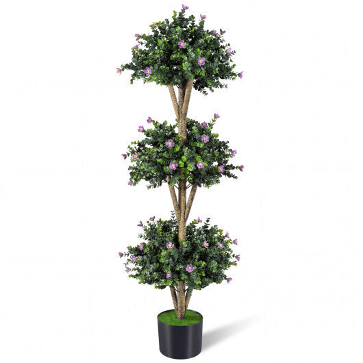 51" Artificial Triple Ball Boxwood Topiary Tree with 59 Blossoms-Purple W2B