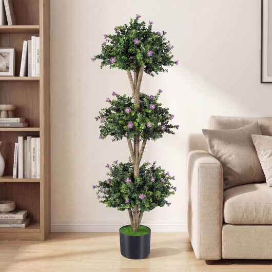 51" Artificial Triple Ball Boxwood Topiary Tree with 59 Blossoms-Purple W2B