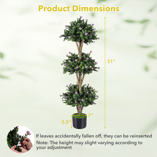 51" Artificial Triple Ball Boxwood Topiary Tree with 59 Blossoms-Purple W2B