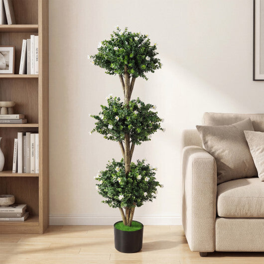 51" Artificial Triple Ball Boxwood Topiary Tree with 59 Blossoms-Purple W2B