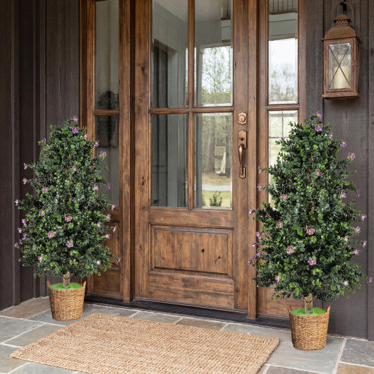 2 Pack Artificial Topiary Cone Tree Faux Potted Shrub Plant with 49 Flowers-purple W2B