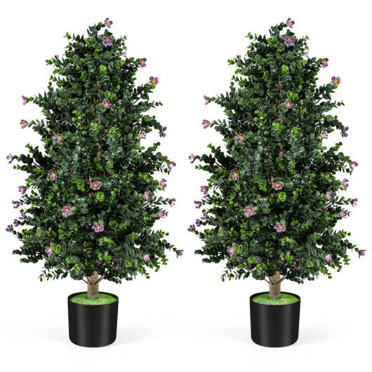 2 Pack Artificial Topiary Cone Tree Faux Potted Shrub Plant with 49 Flowers-purple W2B