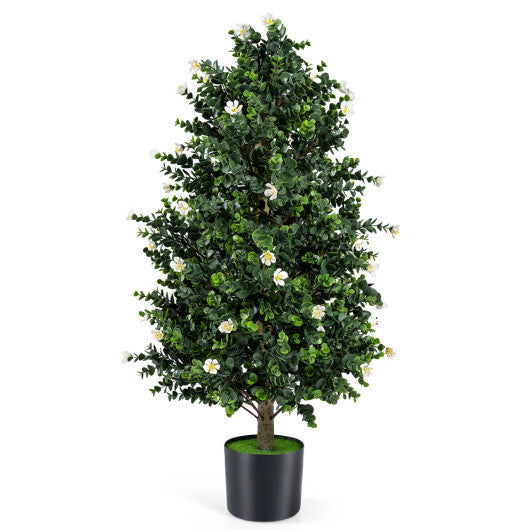 2 Pack Artificial Topiary Cone Tree Faux Potted Shrub Plant with 49 Flowers-purple W2B