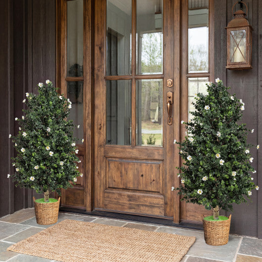 2 Pack Artificial Topiary Cone Tree Faux Potted Shrub Plant with 49 Flowers-purple W2B