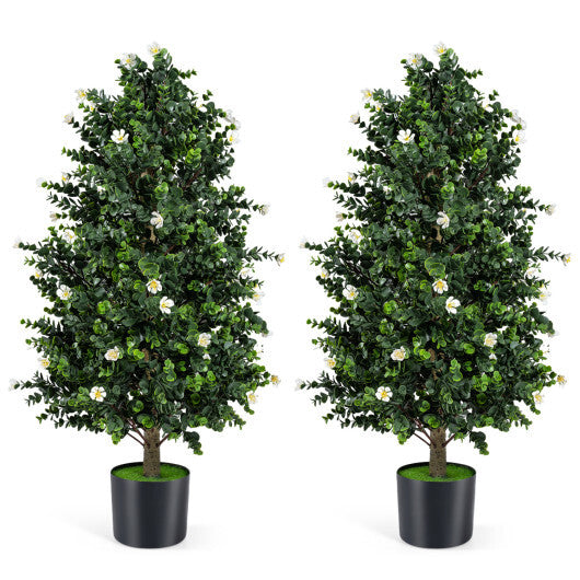 2 Pack Artificial Topiary Cone Tree Faux Potted Shrub Plant with 49 Flowers-purple W2B