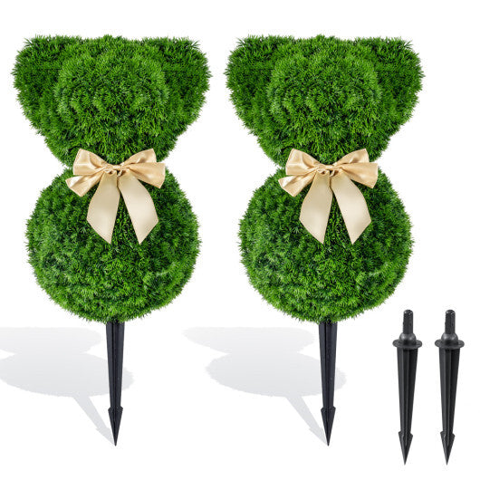 2 Pieces Teddy Bear Topiary Trees Sun-resistant Faux Boxwood Plants with Bowknot W2B