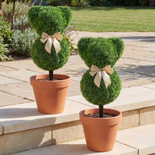 2 Pieces Teddy Bear Topiary Trees Sun-resistant Faux Boxwood Plants with Bowknot W2B