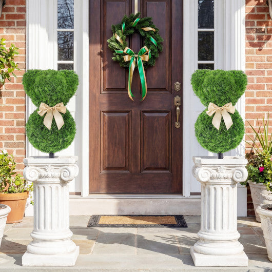 2 Pieces Teddy Bear Topiary Trees Sun-resistant Faux Boxwood Plants with Bowknot W2B
