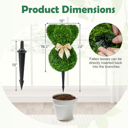 2 Pieces Teddy Bear Topiary Trees Sun-resistant Faux Boxwood Plants with Bowknot W2B