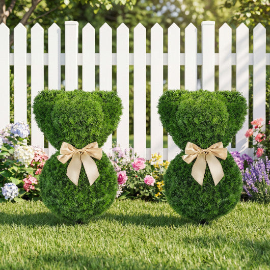 2 Pieces Teddy Bear Topiary Trees Sun-resistant Faux Boxwood Plants with Bowknot W2B