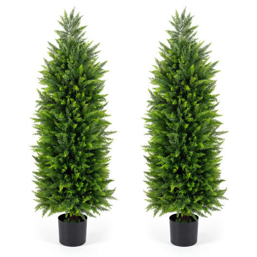 4 FT Artificial Topiary Tree Set of 2 Faux Cedar Cypress Plants in Cement-Filled Pots-Green W2B
