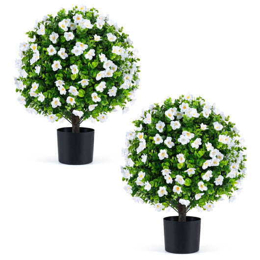 2 Pack Artificial Eucalyptus Topiary Trees with Flowers and Cement Planter for Home-White W2B