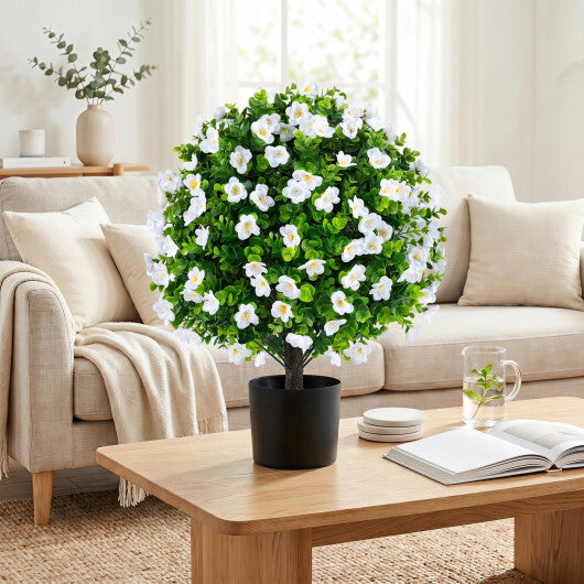 2 Pack Artificial Eucalyptus Topiary Trees with Flowers and Cement Planter for Home-White W2B