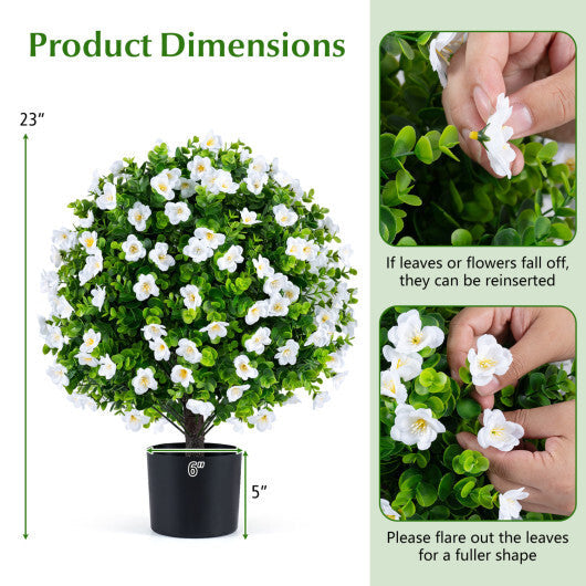 2 Pack Artificial Eucalyptus Topiary Trees with Flowers and Cement Planter for Home-White W2B