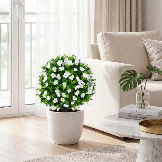 2 Pack Artificial Eucalyptus Topiary Trees with Flowers and Cement Planter for Home-White W2B