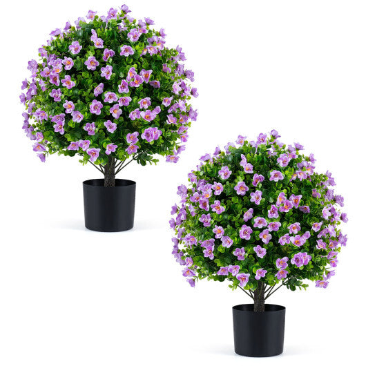 2 Pack Artificial Eucalyptus Topiary Trees with Flowers and Cement Planter for Home-White W2B