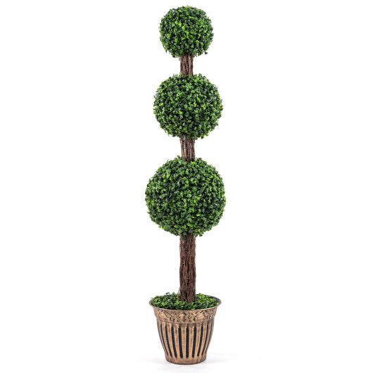 4 FT Artificial Triple Ball Boxwood Tree with Cement-filled Retro Planter-Green W2B