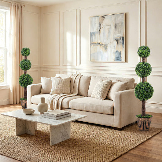 4 FT Artificial Triple Ball Boxwood Tree with Cement-filled Retro Planter-Green W2B