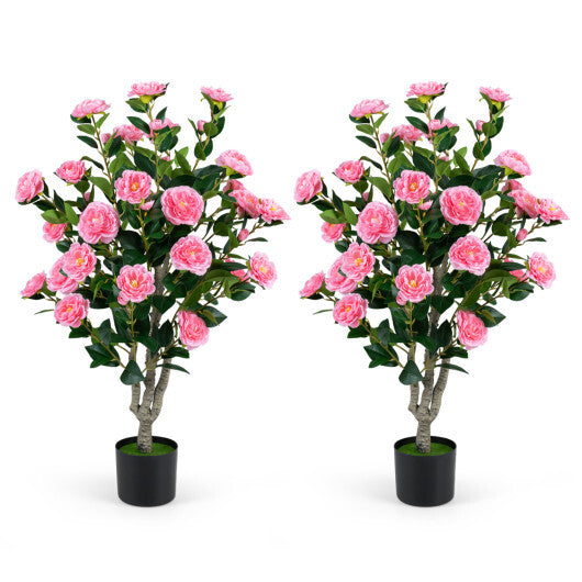 Set of 2 39.5" Artificial Camellia Tree with Orange Blossoms in Cement Pot for Decoration-Pink W2B
