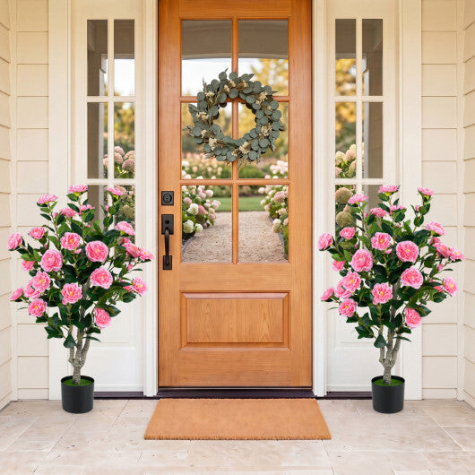 Set of 2 39.5" Artificial Camellia Tree with Orange Blossoms in Cement Pot for Decoration-Pink W2B