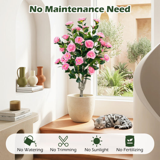 Set of 2 39.5" Artificial Camellia Tree with Orange Blossoms in Cement Pot for Decoration-Pink W2B