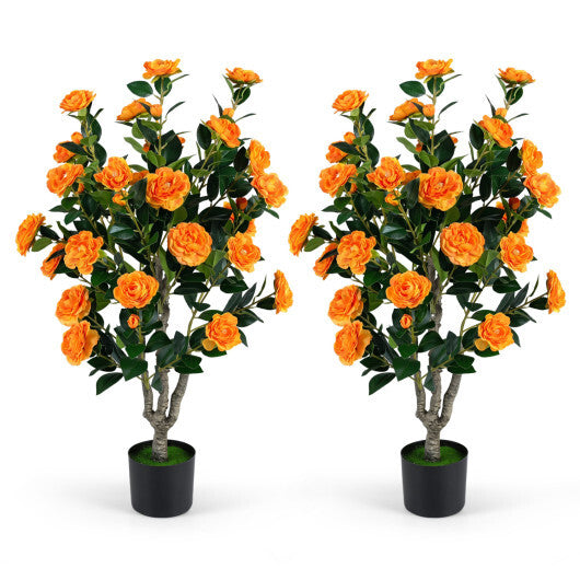 Set of 2 39.5" Artificial Camellia Tree with Orange Blossoms in Cement Pot for Decoration-Pink W2B