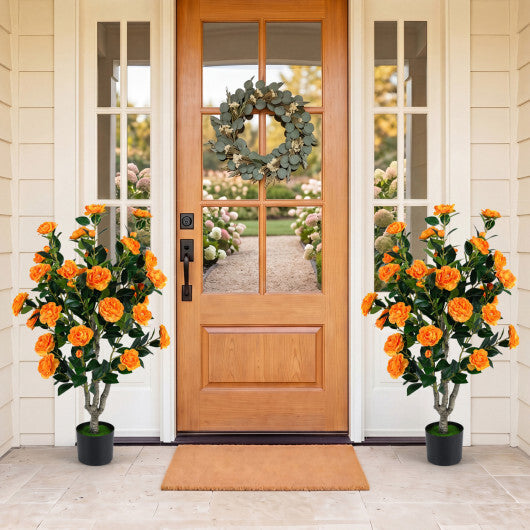 Set of 2 39.5" Artificial Camellia Tree with Orange Blossoms in Cement Pot for Decoration-Pink W2B