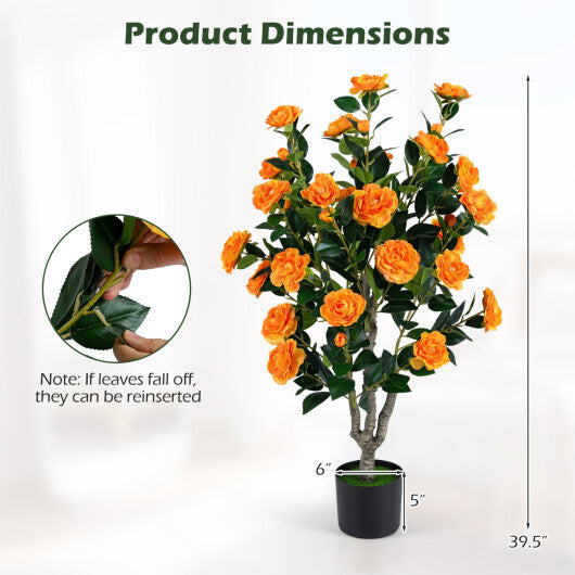 Set of 2 39.5" Artificial Camellia Tree with Orange Blossoms in Cement Pot for Decoration-Pink W2B