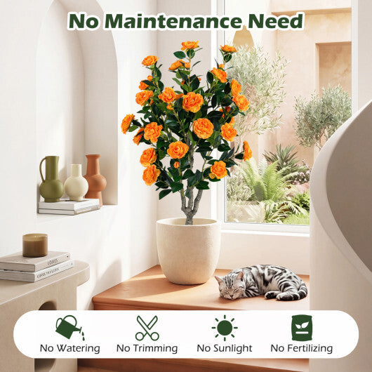 Set of 2 39.5" Artificial Camellia Tree with Orange Blossoms in Cement Pot for Decoration-Pink W2B