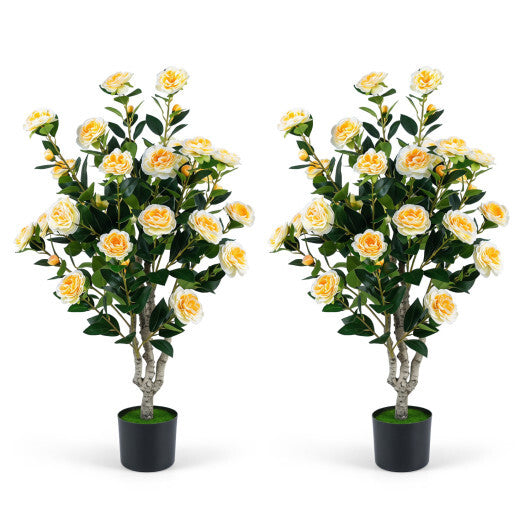 Set of 2 39.5" Artificial Camellia Tree with Orange Blossoms in Cement Pot for Decoration-Pink W2B
