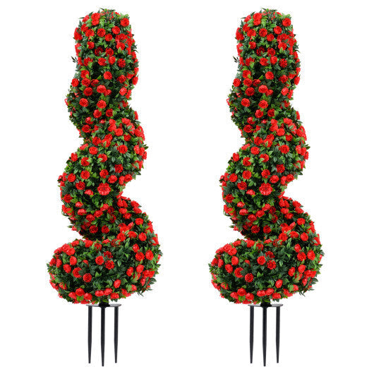 Set of 2 Artificial Spiral Topiary Trees with Sun Protection and Ground Spikes-Red W2B