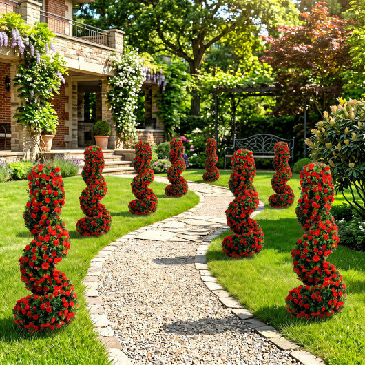 Set of 2 Artificial Spiral Topiary Trees with Sun Protection and Ground Spikes-Red W2B