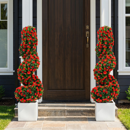 Set of 2 Artificial Spiral Topiary Trees with Sun Protection and Ground Spikes-Red W2B