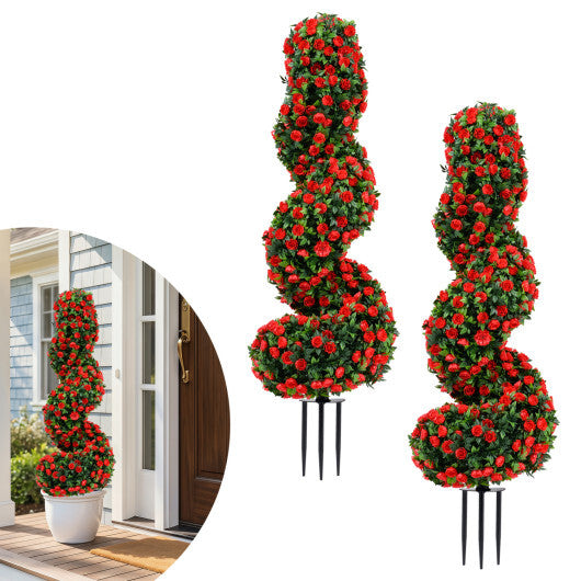 Set of 2 Artificial Spiral Topiary Trees with Sun Protection and Ground Spikes-Red W2B