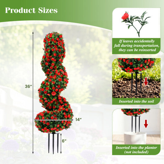 Set of 2 Artificial Spiral Topiary Trees with Sun Protection and Ground Spikes-Red W2B