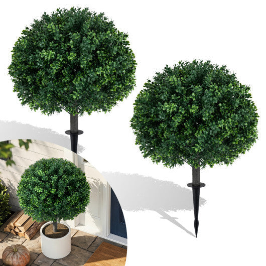 27" Artificial Boxwood Topiary Trees Set of 2 with Ground Spikes for Porch Patio W2B