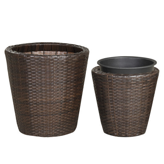 Set of 2 Plastic Taper Rattan Planters with Drainage Holes and Saucers-Brown W2B