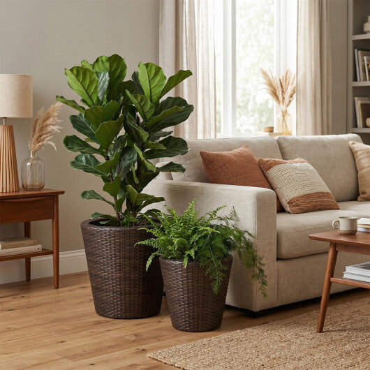 Set of 2 Plastic Taper Rattan Planters with Drainage Holes and Saucers-Brown W2B