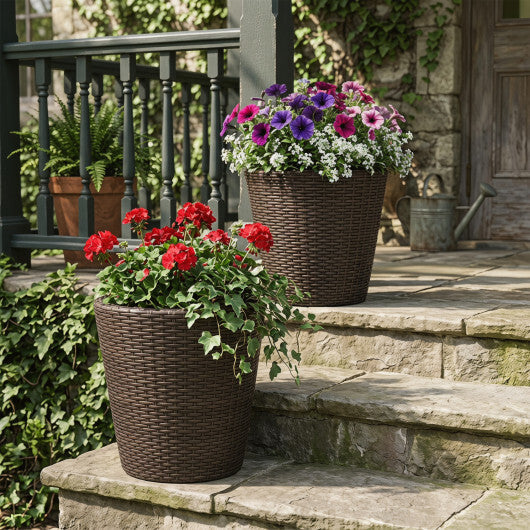 Set of 2 Plastic Taper Rattan Planters with Drainage Holes and Saucers-Brown W2B