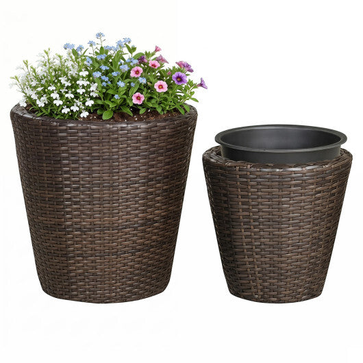 Set of 2 Plastic Taper Rattan Planters with Drainage Holes and Saucers-Brown W2B