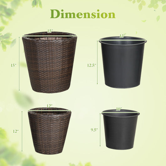 Set of 2 Plastic Taper Rattan Planters with Drainage Holes and Saucers-Brown W2B